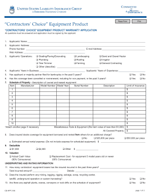Contractors' Choice Equipment Product Warranty Application
