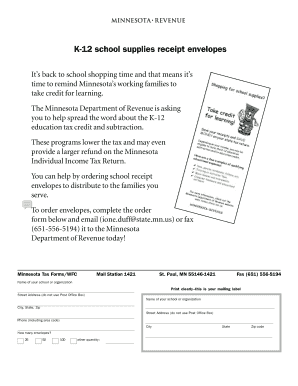 Minnesota K-12 School Supplies Receipt Envelopes Order Form