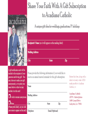 Gift Subscription Form for Acadiana Catholic