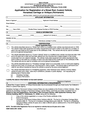 Florida Street Rod Custom Vehicle Registration Application