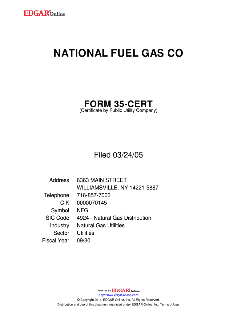 Fillable Online NATIONAL FUEL GAS CO FORM 35CERT Certificate by Public