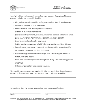 2012 DPA Loan Program Zero Income Verification