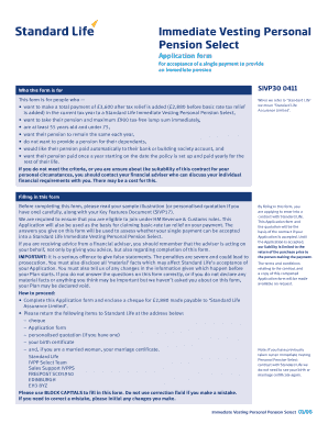 Immediate Vesting Personal Pension Select Application Form