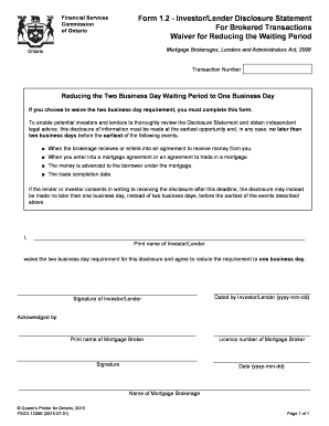 Ontario Investor Lender Disclosure Waiver