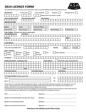 2014 Athletics South Africa Licence Form