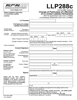 com (LLP Act 2000: Section 9) Change of Particulars of a Member of a Limited Liability Partnership Please complete in typescript, or in bold black capitals