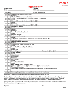 Student Health History Form