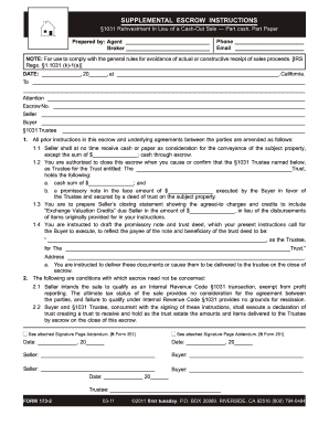 Supplemental Escrow Instructions for 1031 Exchange