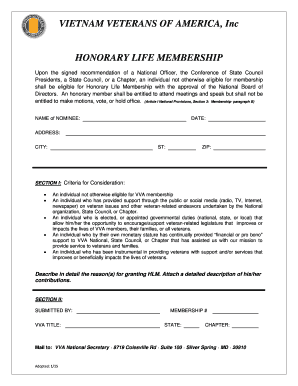 HONORARY LIFE MEMBERSHIP FORM - Vietnam Veterans of America
