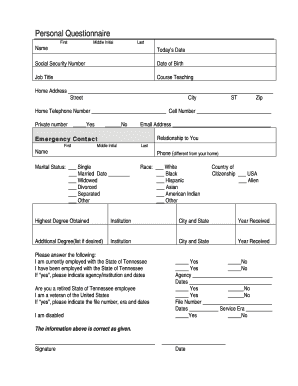 Tennessee State Employee Personal Questionnaire