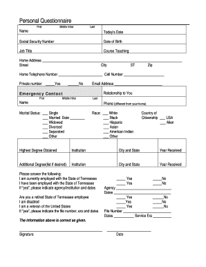 Jackson State Community College Personal Questionnaire