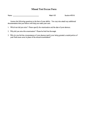 Missed Test Excuse Form