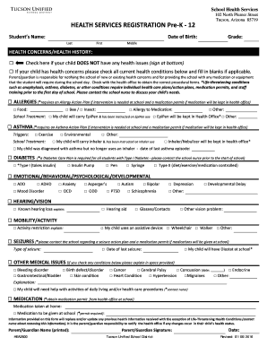 Arizona Student Health Services Registration Form