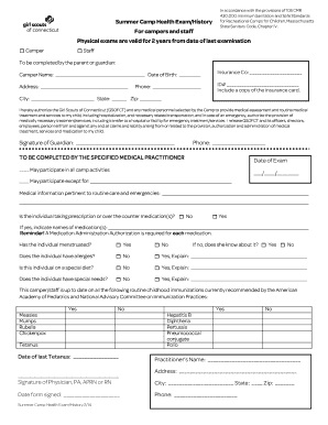 Massachusetts Summer Camp Health Exam Form