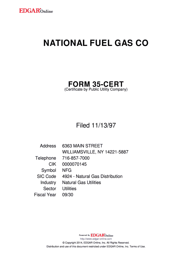 Fillable Online NATIONAL FUEL GAS CO FORM 35CERT (Certificate by Public