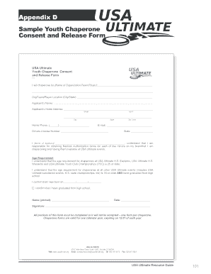USA Ultimate Youth Chaperone Consent and Release Form