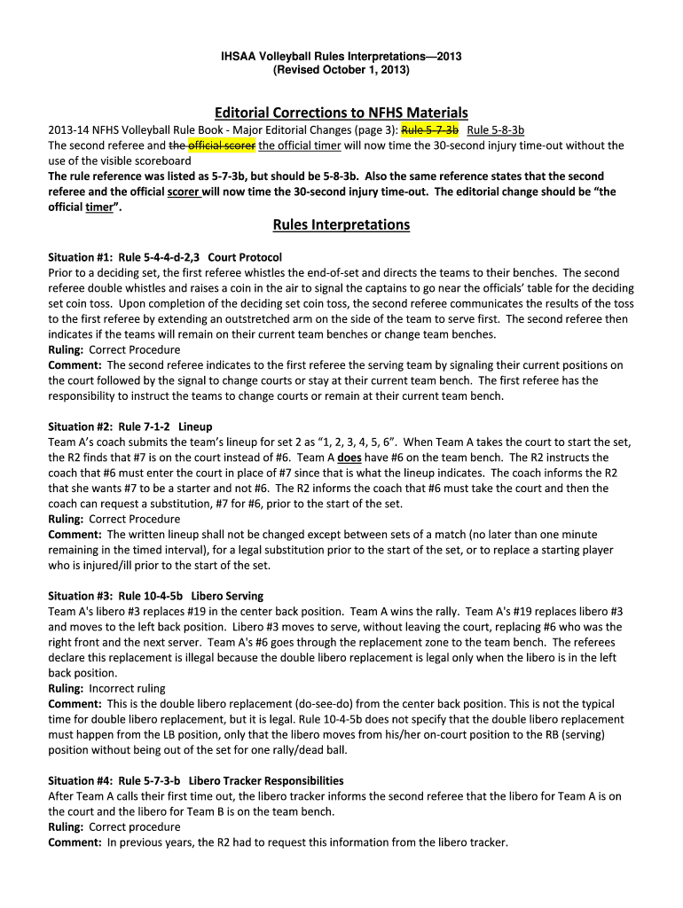 Fillable Online IHSAA Volleyball Rules Interpretations2013 Fax Email 