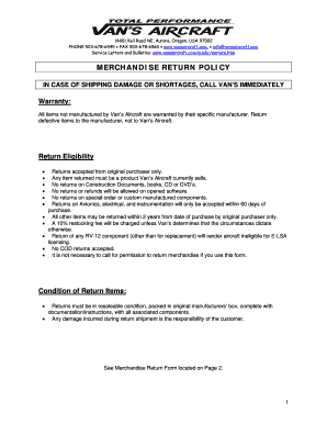 Van's Aircraft Merchandise Return Form