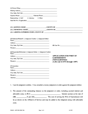 Application for Writ of Garnishment