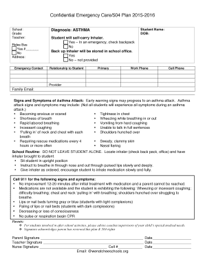 Confidential Emergency Care/504 Plan