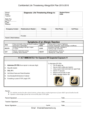 Confidential Life Threatening Allergy 504 Plan