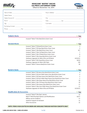 Invacare Matrx Backs Order Form