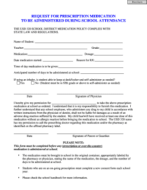 Request for Prescription Medication at School