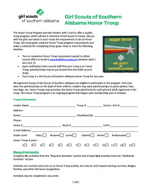 Girl Scouts of Southern Alabama Honor Troop Application