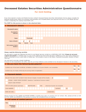 Deceased Estates Securities Administration Questionnaire