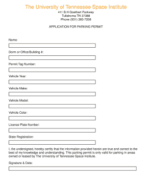 University of Tennessee Parking Permit Application