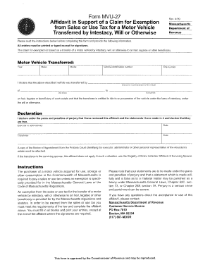 Massachusetts Motor Vehicle Tax Exemption Affidavit