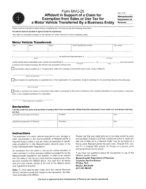 Massachusetts MVU-25 Affidavit for Tax Exemption