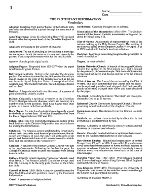 Protestant Reformation Vocabulary Worksheet