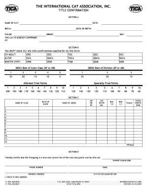 TICA Cat Title Confirmation Form