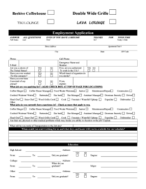Beehive Coffeehouse Employment Application