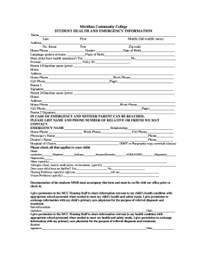 Meridian Community College Student Health and Emergency Information Form