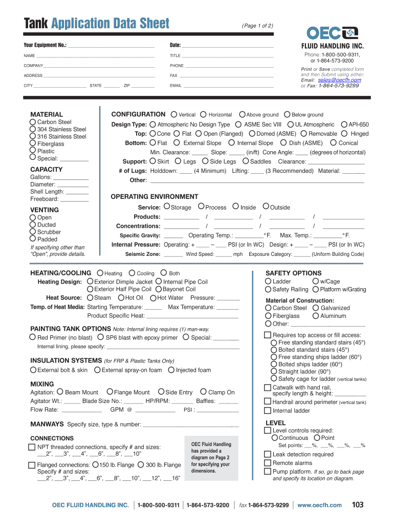 Fillable Online Tank Data Form OEC Fluid Handling Fax Email Print