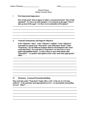 Resume Editing Comment Sheet