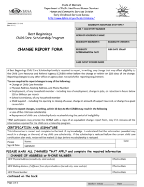 Montana Child Care Scholarship Change Report Form