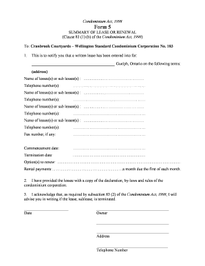 Condominium Lease Summary Form