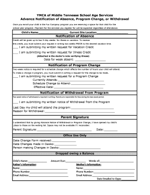 YMCA Advance Notice of Absence or Program Change