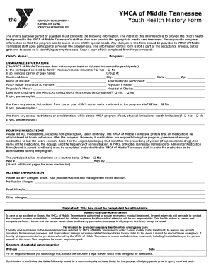 YMCA Youth Health History Form