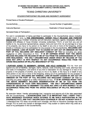 Texas Christian University Student Release and Indemnity Agreement