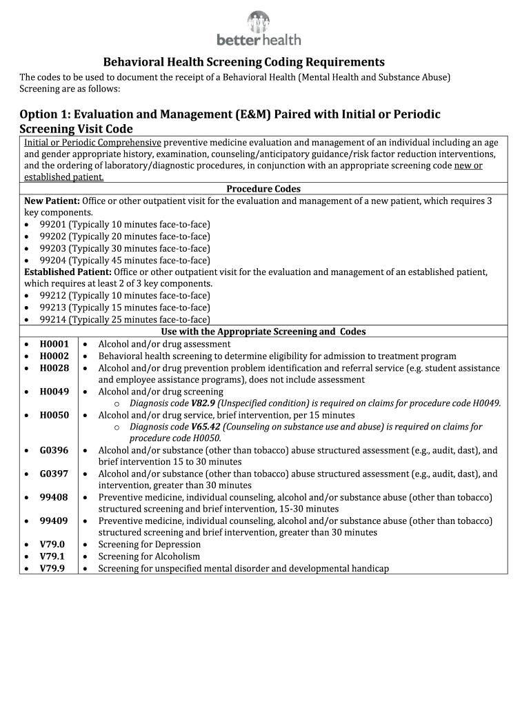 Fillable Online Behavioral Health Screening Coding Requirements Fax