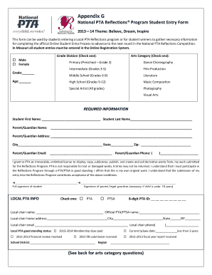 National PTA Reflections Program Student Entry Form