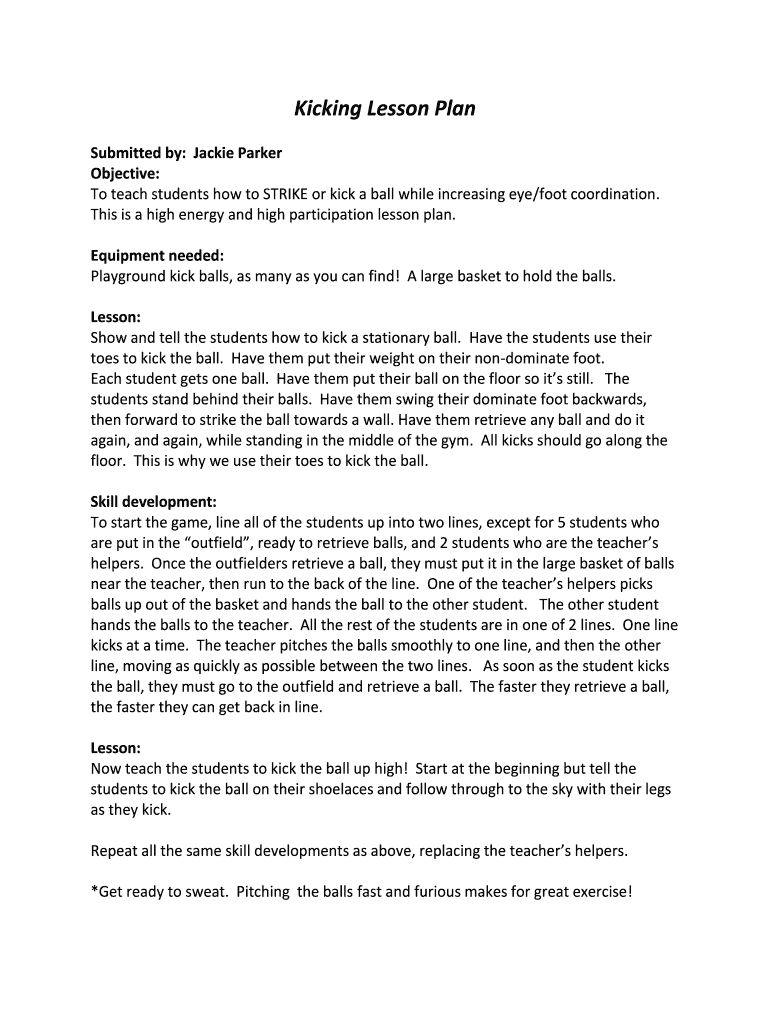 Fillable Online Kicking Lesson Plan Fax Email Print pdfFiller