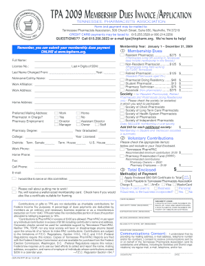 Tennessee Pharmacists Association Membership Dues Invoice/Application