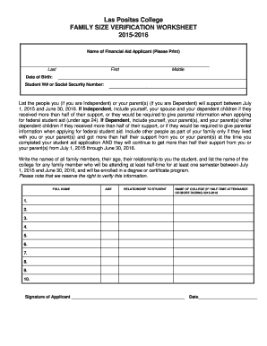 Family Size Verification Worksheet