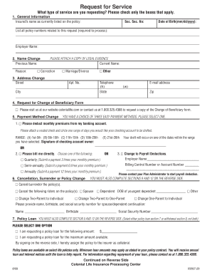 Colonial Life Insurance Request for Service Form