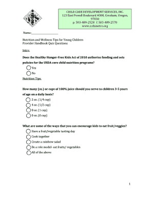 Child Care Nutrition and Wellness Quiz